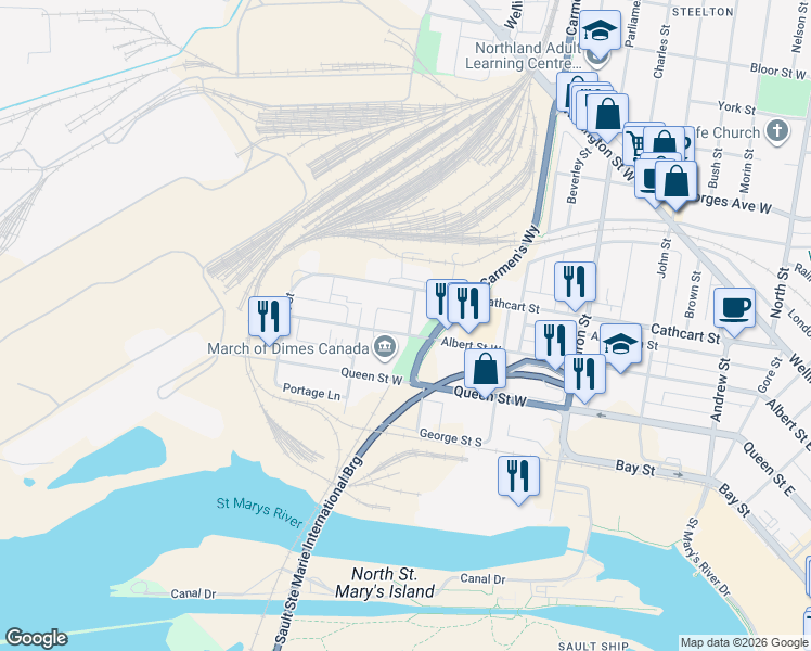 map of restaurants, bars, coffee shops, grocery stores, and more near 544 Albert Street West in Sault Ste. Marie