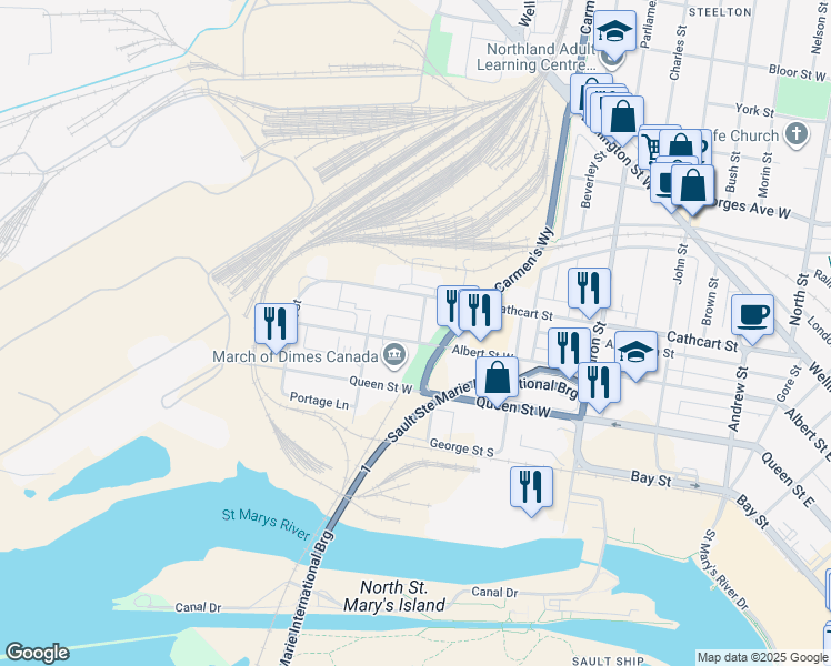 map of restaurants, bars, coffee shops, grocery stores, and more near 544 Albert Street West in Sault Ste. Marie