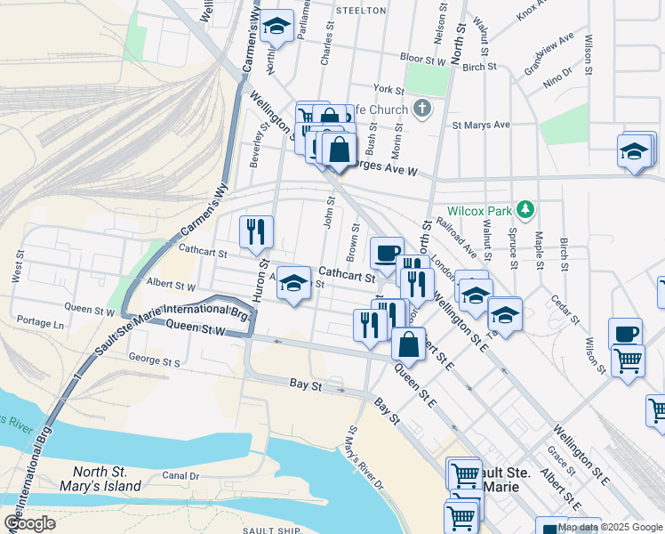 map of restaurants, bars, coffee shops, grocery stores, and more near 182 Cathcart Street in Sault Ste. Marie