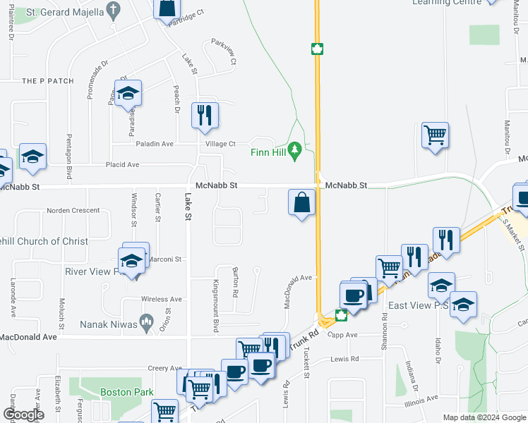 map of restaurants, bars, coffee shops, grocery stores, and more near 33 Grove Crescent in Sault Ste. Marie