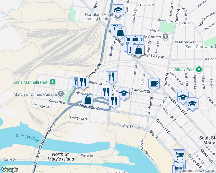map of restaurants, bars, coffee shops, grocery stores, and more near 327C Cathcart Street in Sault Ste. Marie