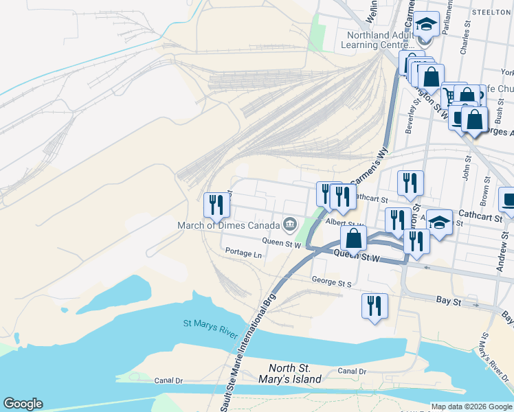 map of restaurants, bars, coffee shops, grocery stores, and more near 632 Albert Street West in Sault Ste. Marie