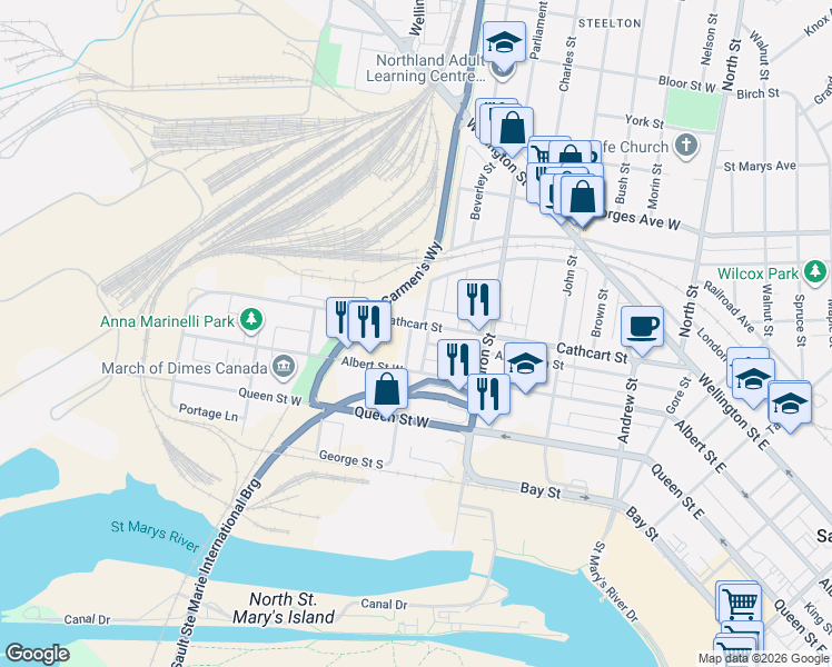 map of restaurants, bars, coffee shops, grocery stores, and more near 379 Cathcart Street in Sault Ste. Marie