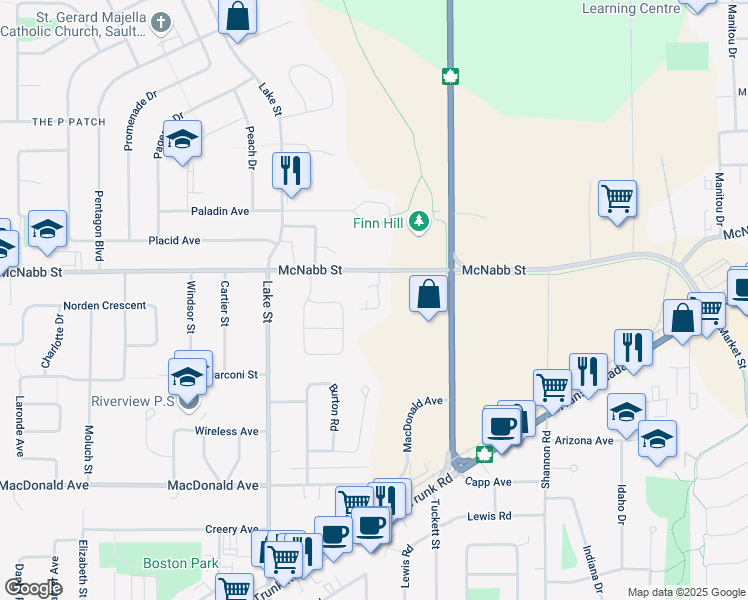 map of restaurants, bars, coffee shops, grocery stores, and more near 33 Grove Crescent in Sault Ste. Marie