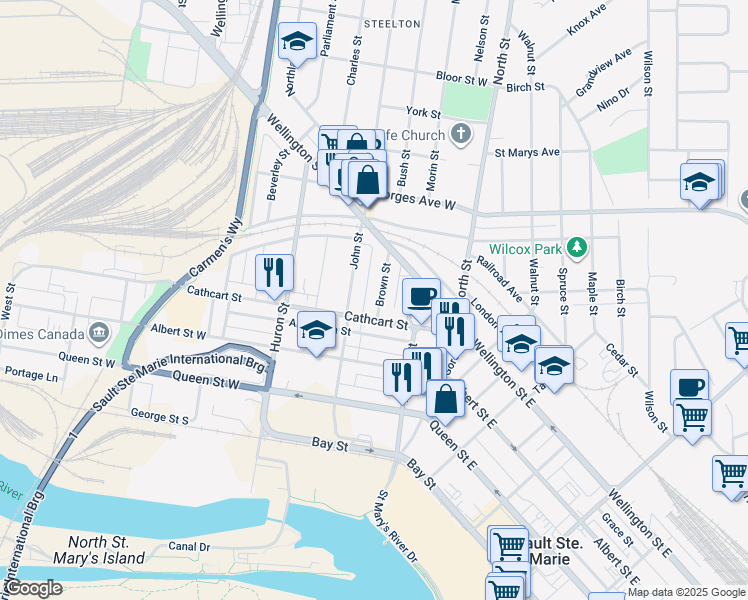 map of restaurants, bars, coffee shops, grocery stores, and more near 217 Brown Street in Sault Ste. Marie