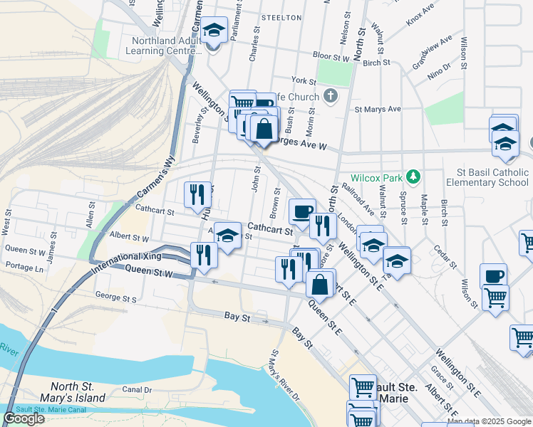 map of restaurants, bars, coffee shops, grocery stores, and more near 217 Brown Street in Sault Ste. Marie