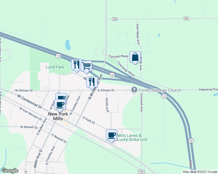 map of restaurants, bars, coffee shops, grocery stores, and more near 407 East Gilman Street in New York Mills