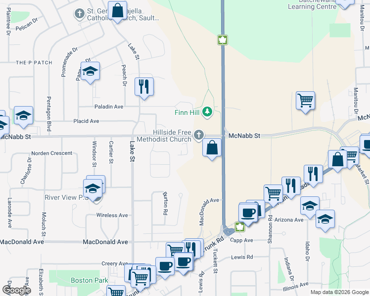 map of restaurants, bars, coffee shops, grocery stores, and more near 25 Grove Crescent in Sault Ste. Marie