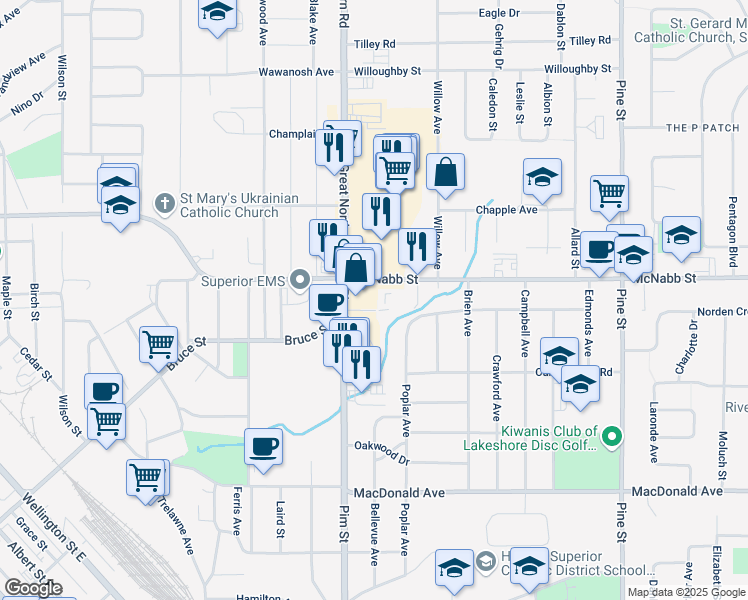 map of restaurants, bars, coffee shops, grocery stores, and more near 21 Herbert Street in Sault Ste. Marie