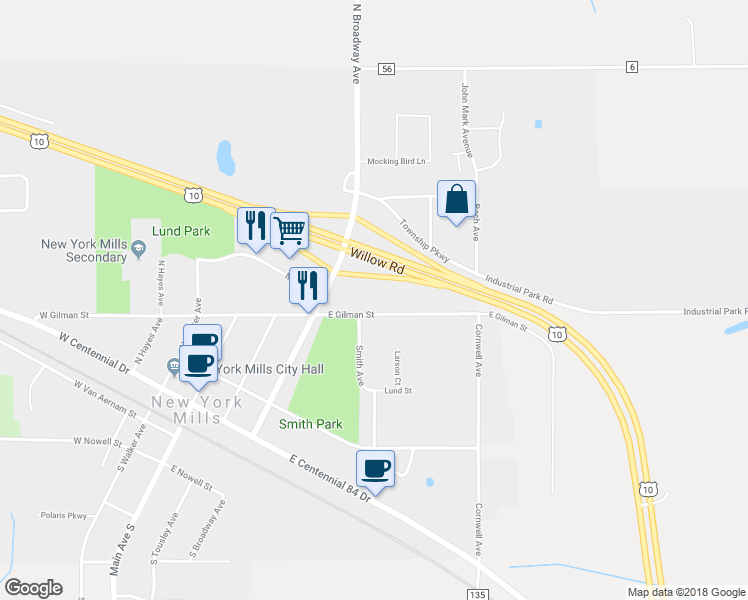 map of restaurants, bars, coffee shops, grocery stores, and more near 407 East Gilman Street in New York Mills