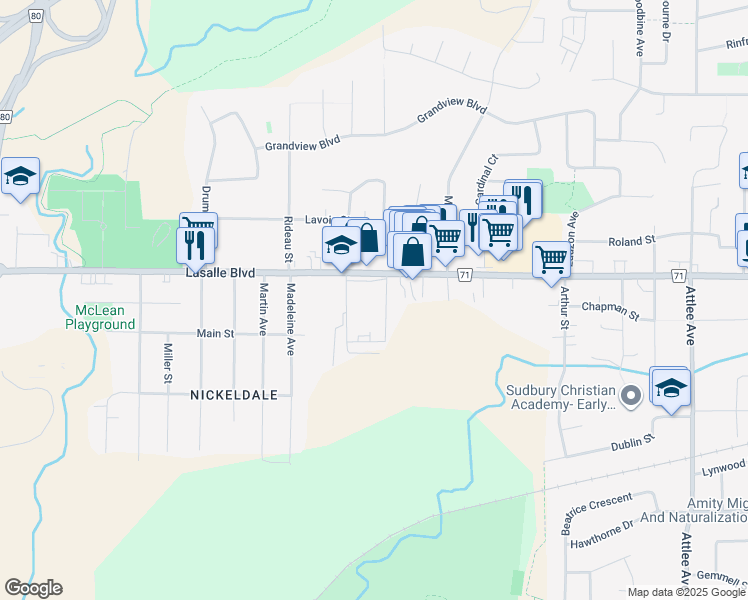 map of restaurants, bars, coffee shops, grocery stores, and more near 721 Lasalle Boulevard in Greater Sudbury