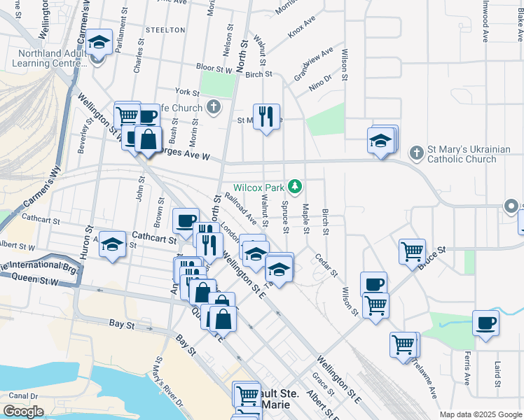 map of restaurants, bars, coffee shops, grocery stores, and more near 37 Walnut Street in Sault Ste. Marie