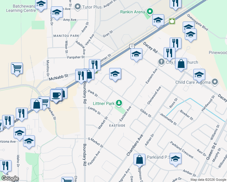 map of restaurants, bars, coffee shops, grocery stores, and more near 107 Gibbs Street in Sault Ste. Marie