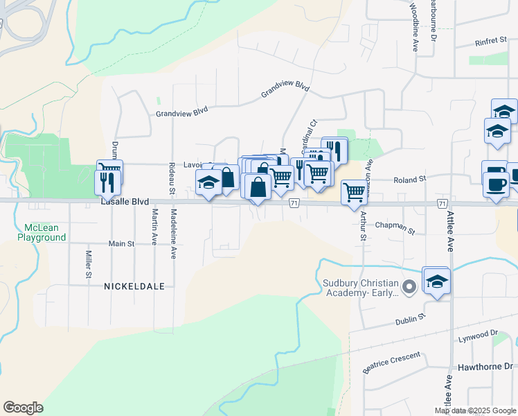 map of restaurants, bars, coffee shops, grocery stores, and more near 775 Lasalle Boulevard in Sudbury