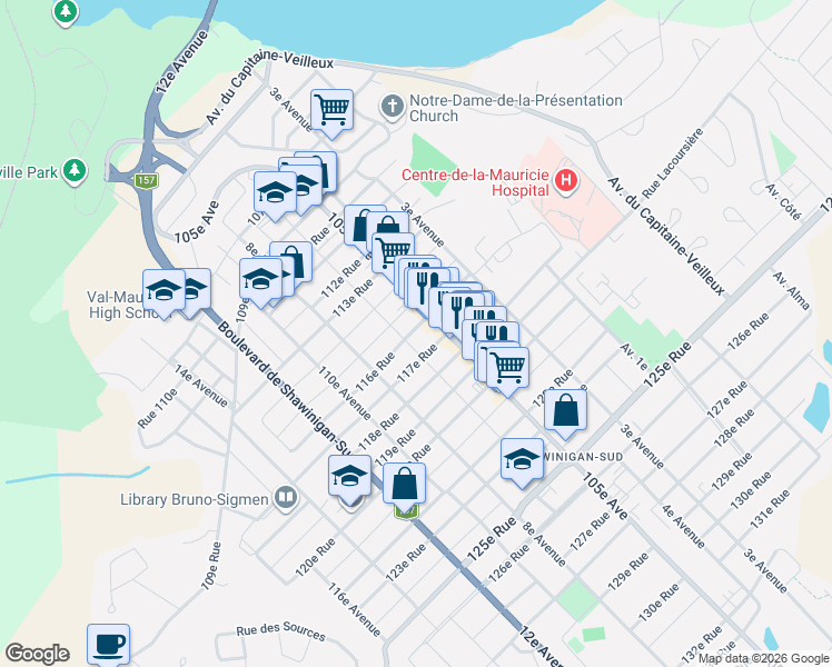 map of restaurants, bars, coffee shops, grocery stores, and more near 555 116e Rue in Shawinigan