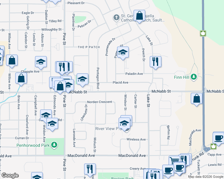 map of restaurants, bars, coffee shops, grocery stores, and more near 538 McNabb Street in Sault Ste. Marie