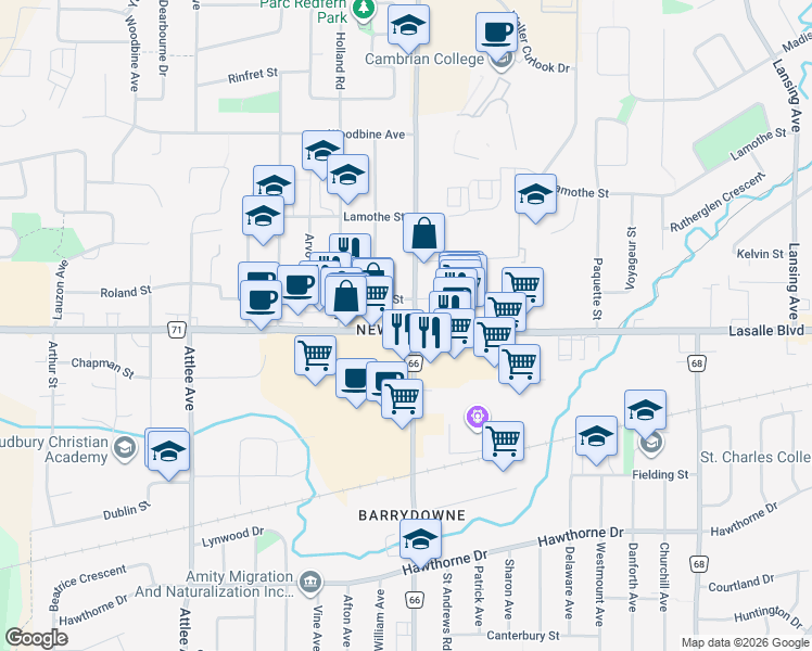 map of restaurants, bars, coffee shops, grocery stores, and more near in Greater Sudbury