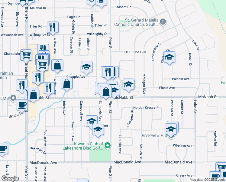 map of restaurants, bars, coffee shops, grocery stores, and more near 674 Pine Street in Sault Ste. Marie