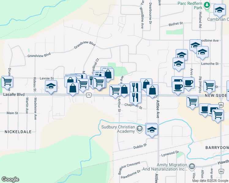 map of restaurants, bars, coffee shops, grocery stores, and more near 900 Lasalle Boulevard in Greater Sudbury