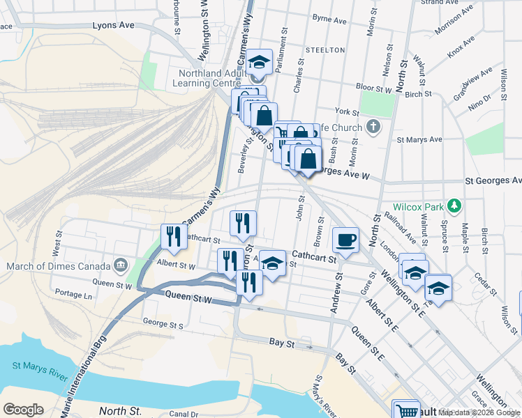 map of restaurants, bars, coffee shops, grocery stores, and more near 258 Huron Street in Sault Ste. Marie