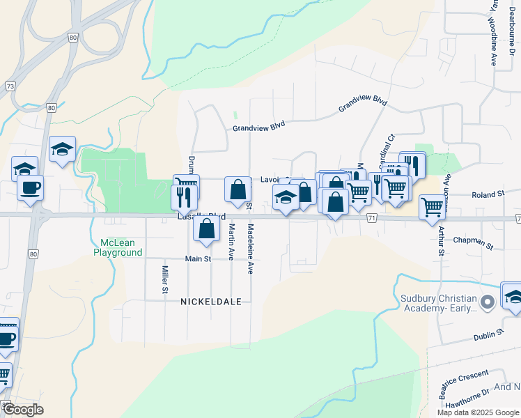 map of restaurants, bars, coffee shops, grocery stores, and more near 1164 Rideau Street in Greater Sudbury