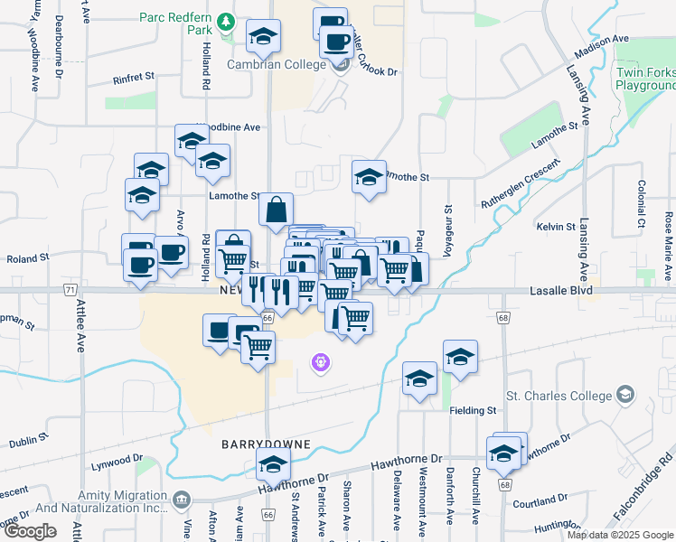 map of restaurants, bars, coffee shops, grocery stores, and more near 1486 Lasalle Boulevard in Greater Sudbury
