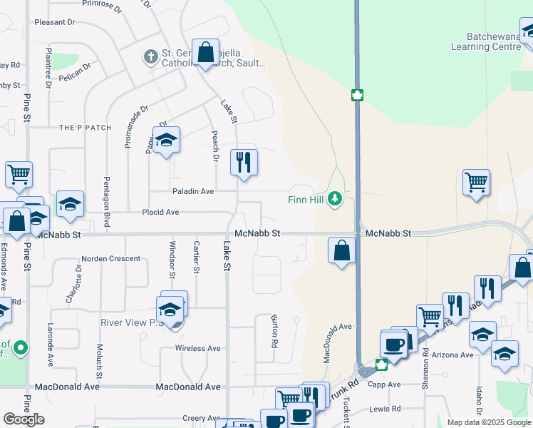 map of restaurants, bars, coffee shops, grocery stores, and more near 18 Crystal Place in Sault Ste. Marie