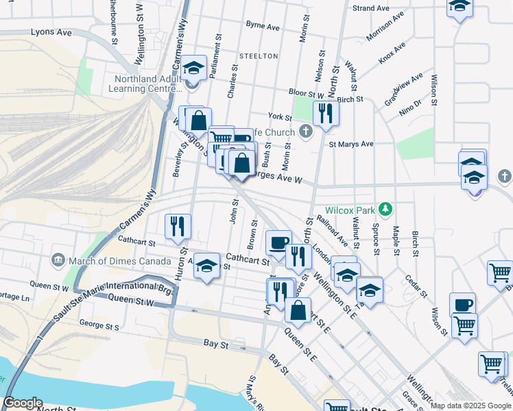 map of restaurants, bars, coffee shops, grocery stores, and more near 75 Edinburgh Street in Sault Ste. Marie