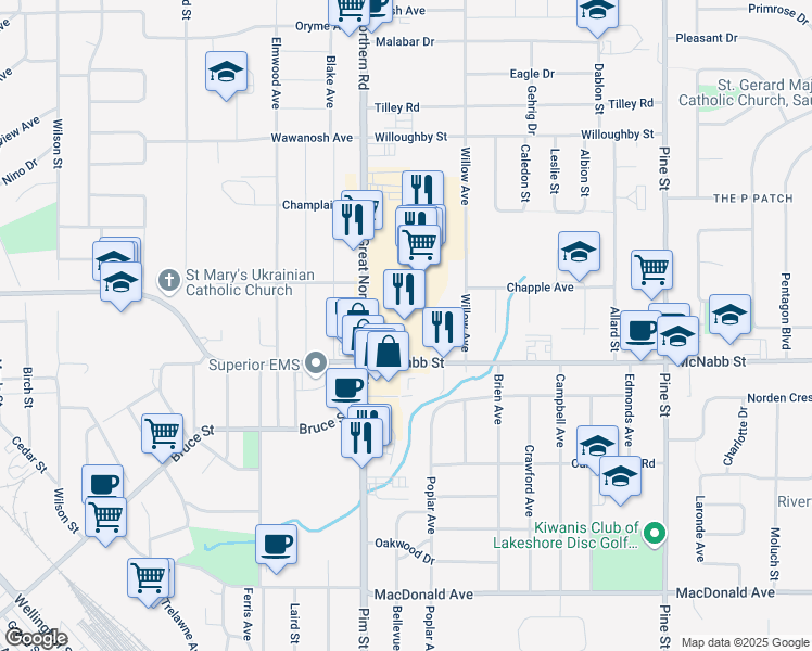 map of restaurants, bars, coffee shops, grocery stores, and more near 44 Great Northern Road in Sault Ste. Marie