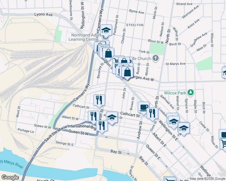 map of restaurants, bars, coffee shops, grocery stores, and more near 271 Saint James Street in Sault Ste. Marie