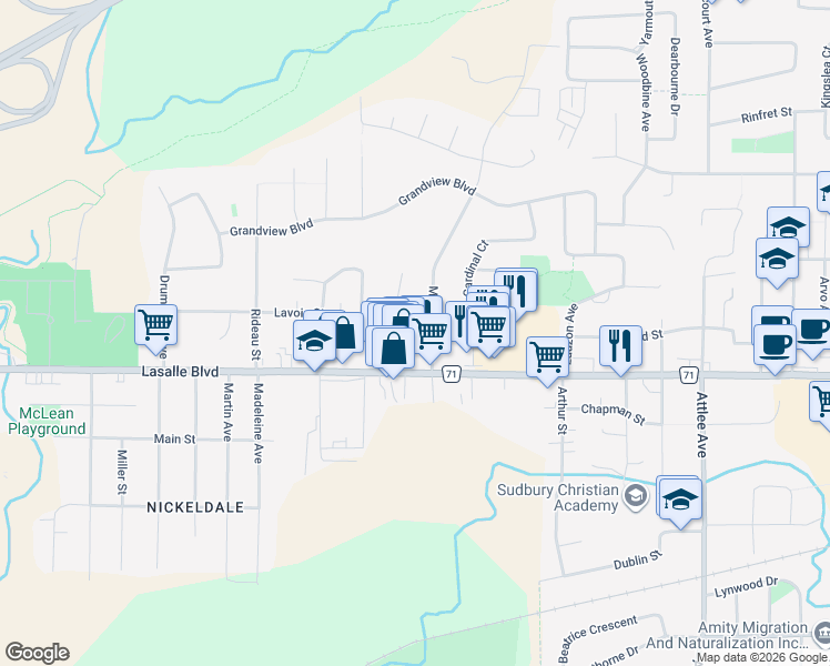 map of restaurants, bars, coffee shops, grocery stores, and more near 789 Lavoie Street in Sudbury