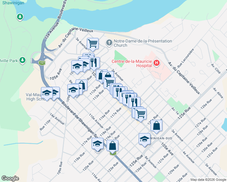 map of restaurants, bars, coffee shops, grocery stores, and more near 1435 105e Avenue in Shawinigan