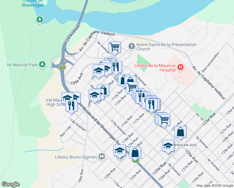 map of restaurants, bars, coffee shops, grocery stores, and more near 605 112e Rue in Shawinigan