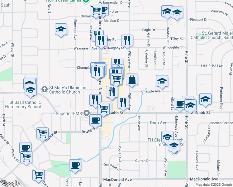 map of restaurants, bars, coffee shops, grocery stores, and more near 44 Great Northern Road in Sault Ste. Marie