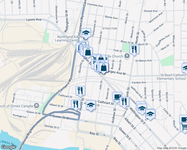 map of restaurants, bars, coffee shops, grocery stores, and more near 156 Saint Andrews Terrace in Sault Ste. Marie