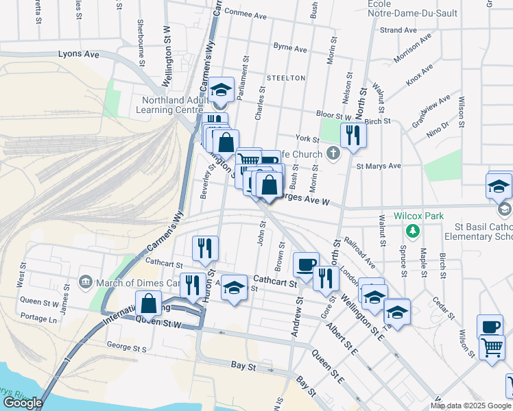 map of restaurants, bars, coffee shops, grocery stores, and more near 213 Wellington Street West in Sault Ste. Marie