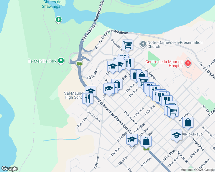 map of restaurants, bars, coffee shops, grocery stores, and more near 865 109e Rue in Shawinigan