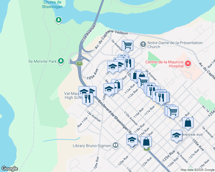map of restaurants, bars, coffee shops, grocery stores, and more near 865 109e Rue in Shawinigan