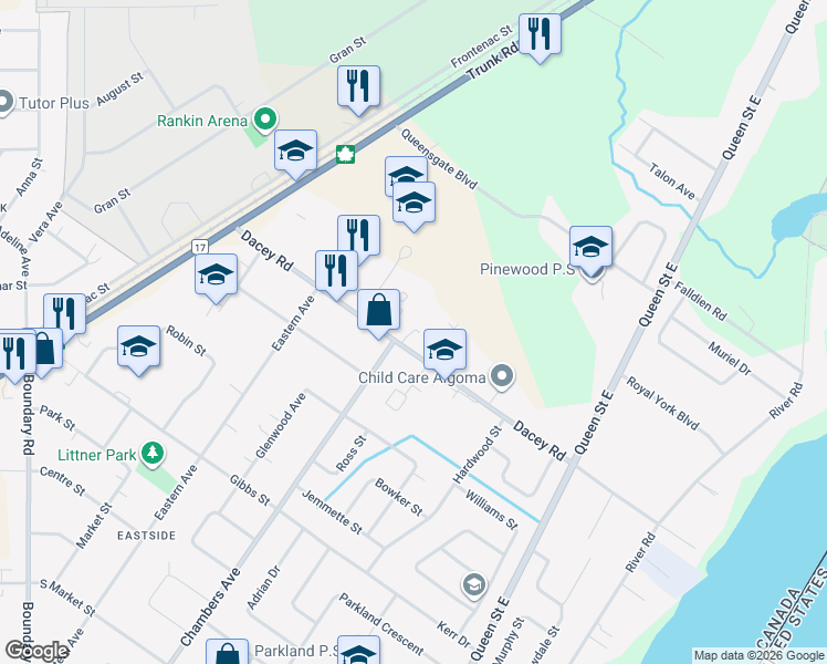 map of restaurants, bars, coffee shops, grocery stores, and more near 254 Dacey Road in Sault Ste. Marie