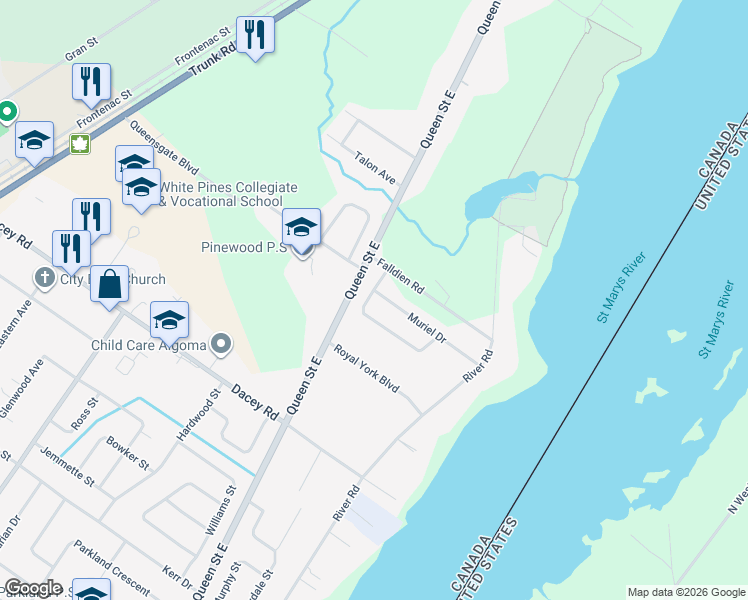 map of restaurants, bars, coffee shops, grocery stores, and more near 89 Muriel Drive in Sault Ste. Marie
