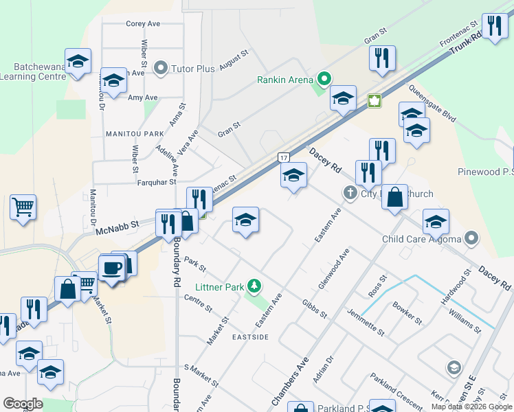 map of restaurants, bars, coffee shops, grocery stores, and more near 75 Robin Street in Sault Ste. Marie