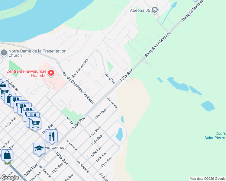map of restaurants, bars, coffee shops, grocery stores, and more near 109 125e Rue in Shawinigan