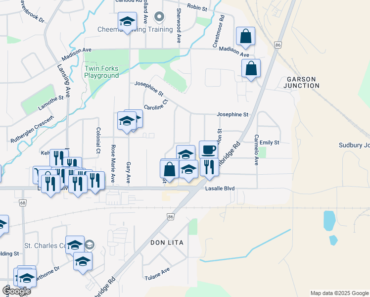 map of restaurants, bars, coffee shops, grocery stores, and more near 1262 Grenadier Drive in Greater Sudbury