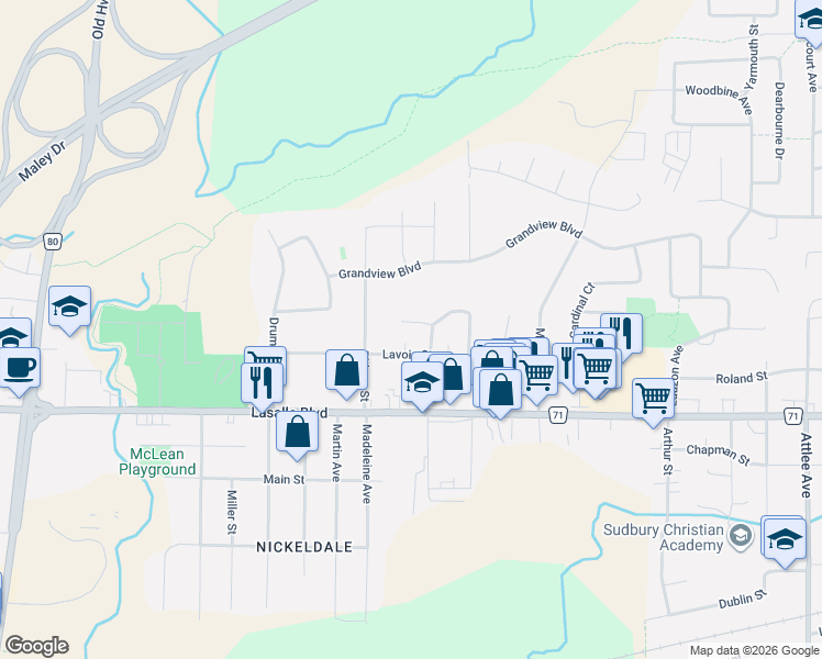 map of restaurants, bars, coffee shops, grocery stores, and more near 15 Palisade Place in Greater Sudbury