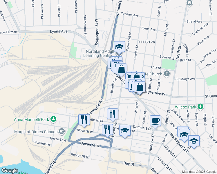 map of restaurants, bars, coffee shops, grocery stores, and more near 229 Saint Georges Avenue West in Sault Ste. Marie