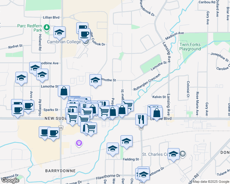 map of restaurants, bars, coffee shops, grocery stores, and more near 1260 Paquette Street in Sudbury