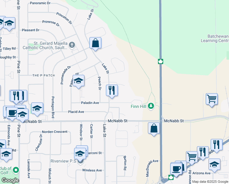 map of restaurants, bars, coffee shops, grocery stores, and more near 29 Park Place Drive in Sault Ste. Marie