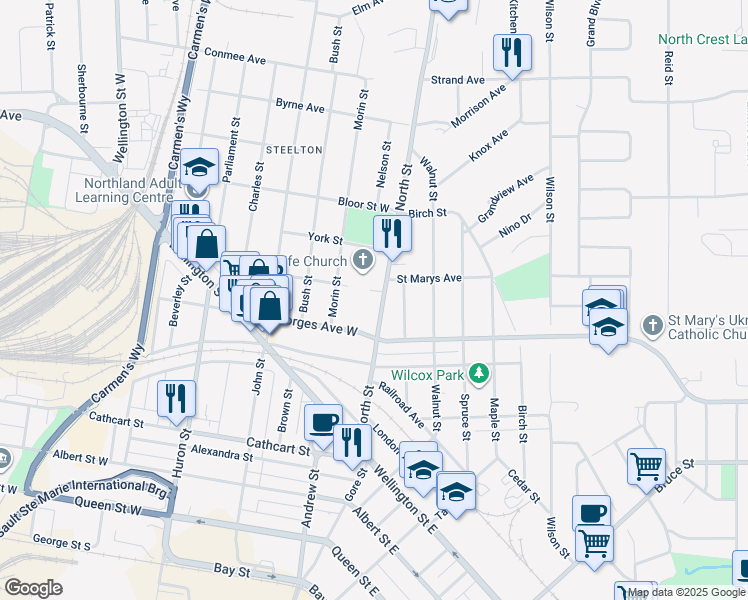 map of restaurants, bars, coffee shops, grocery stores, and more near 403 North Street in Sault Ste. Marie