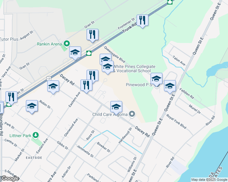 map of restaurants, bars, coffee shops, grocery stores, and more near 27 Terry Fox Place in Sault Ste. Marie