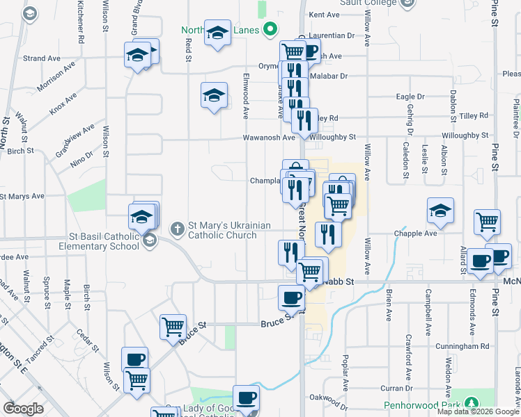 map of restaurants, bars, coffee shops, grocery stores, and more near 43 Cameron Avenue in Sault Ste. Marie